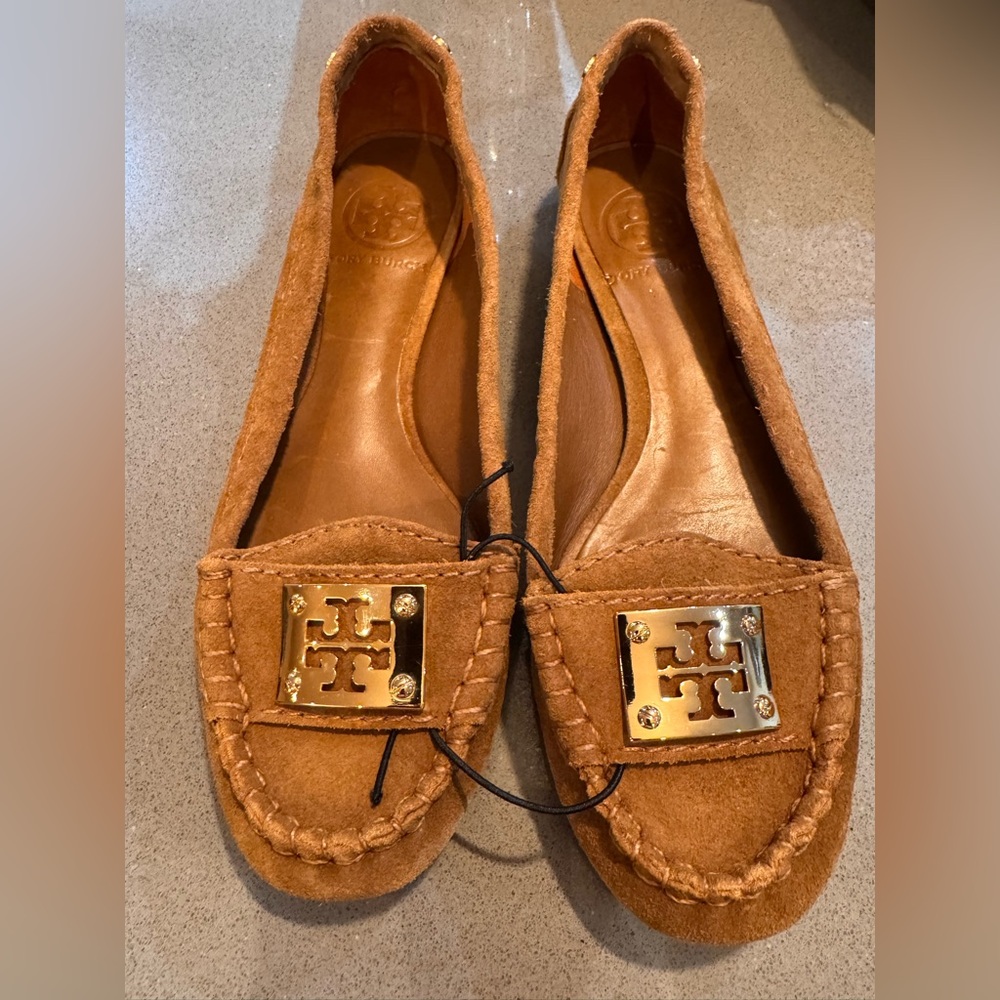 Tory Burch Brown Suede Flats with Gold Emblem - brand new
